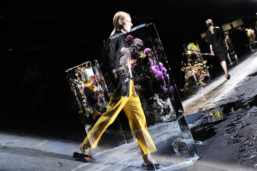 Flowers frozen in blocks of ice dotted the runway at Dries Van Noten