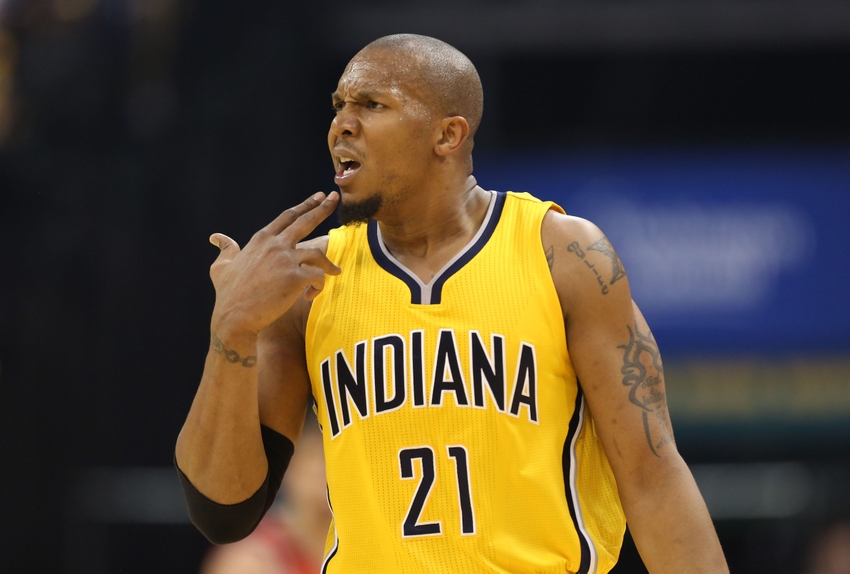 Mar 23, 2015; Indianapolis, IN, USA; Indiana Pacers forward David West (21) reacts to a foul call during a game against the Houston Rockets at Bankers Life Fieldhouse. Mandatory Credit: Brian Spurlock-USA TODAY Sports