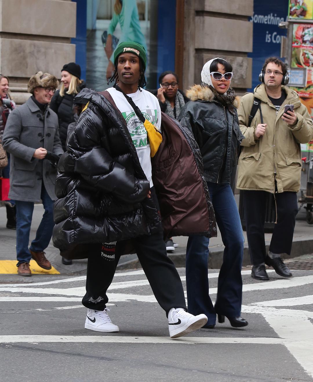 ASAP-Rocky-Raf-Simons-coat-Thrasher-sweatpants-Adidas-tee-Nike-sneakers