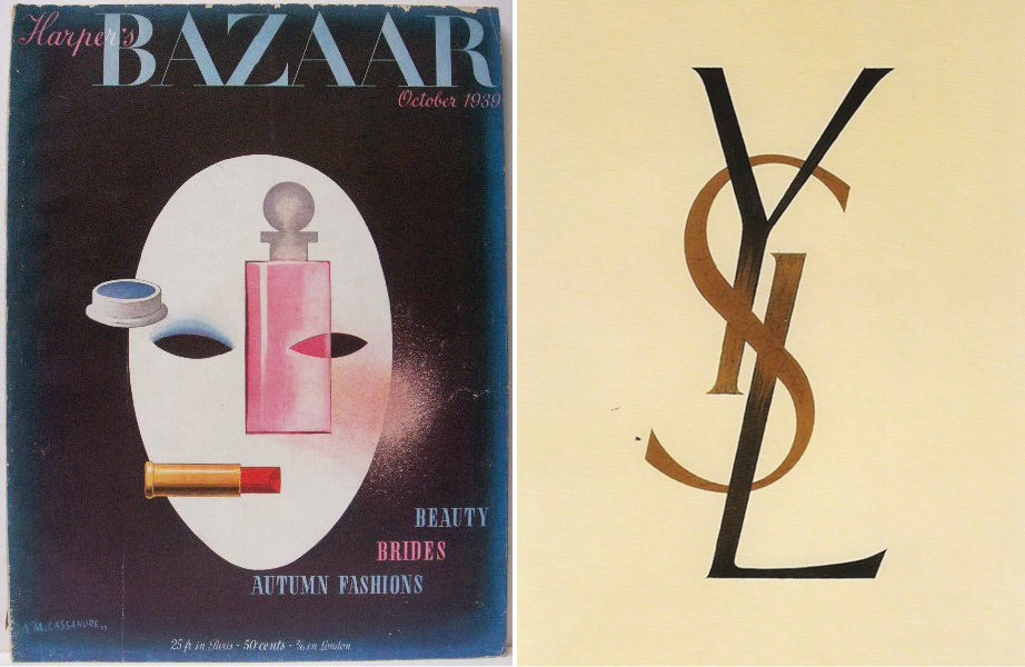 （左圖）Harper's Bazaar October 1939 by A.M. Cassandre. (右圖) Yves Saint Laurent logo by Cassandre, 1961. 