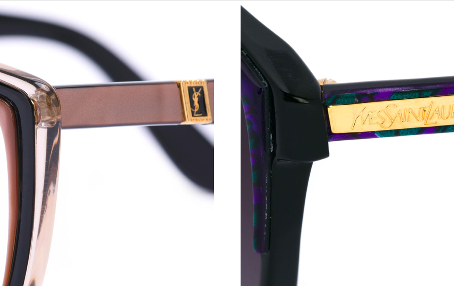 從farfech網站上販售的復古YSL太陽眼鏡可見早期低調的金屬標牌設計，左圖為Circa 1980 YSLRNT150的鏡腳，右圖為1970年推出的YLS180EG光學鏡框