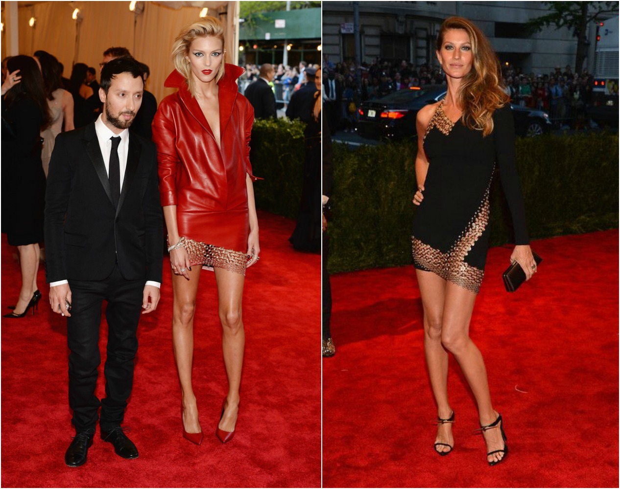 （左）Anja Rubik 與 Anthony Vaccarello 2014 Met Gala；（右）Gisele Bundchen Met Gala 2013