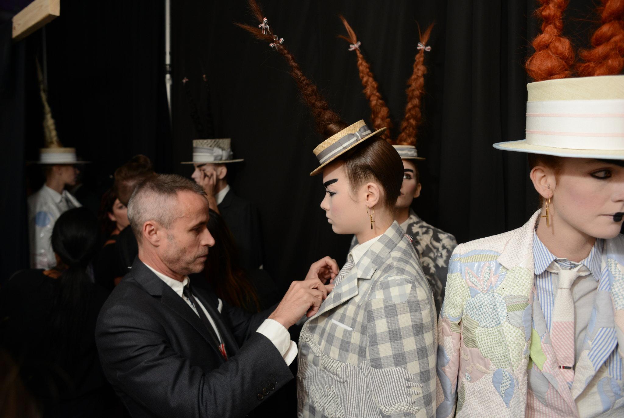 Backstage at the Thom Browne spring 2016 show in New York.