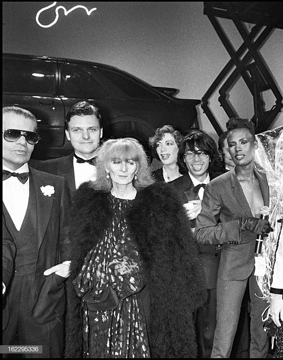 Karl Lagerfeld, Sonia Rykiel, Kenzo, Grace Jones at a party for the "Palace" fifth anniversary, Paris, 1983. (Photo by Bertrand Rindoff Petroff/Getty Images)